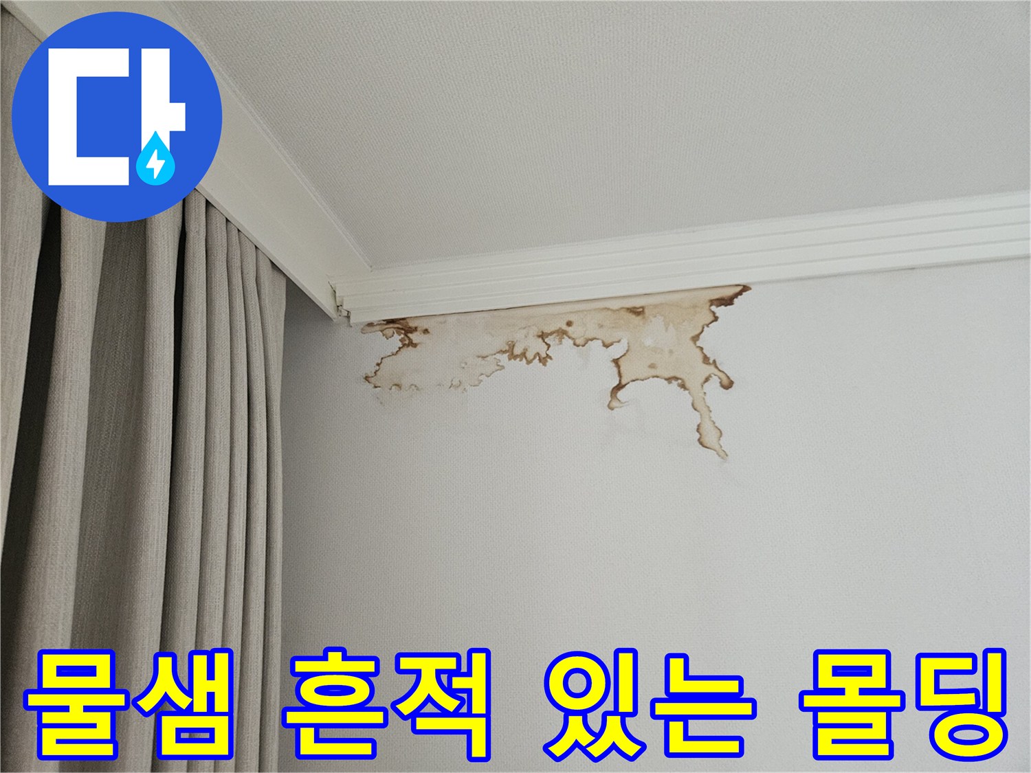 천장 몰딩 하단의 갈색 침수 얼룩 부위 사진