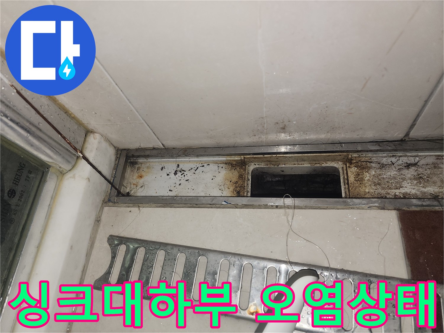 싱크대 하단부-배관 주변의 곰팡이와 오염 흔적