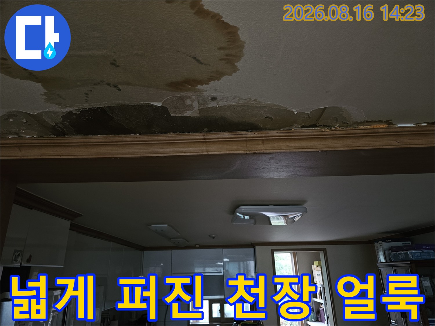 거실 천장에 발생한 커다중 누수 얼룩과 마감재 손상