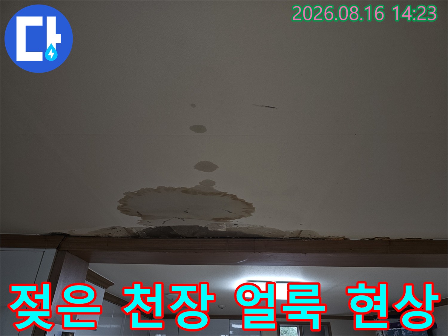 천장 마감재가-물에 젖어 변색된 모습