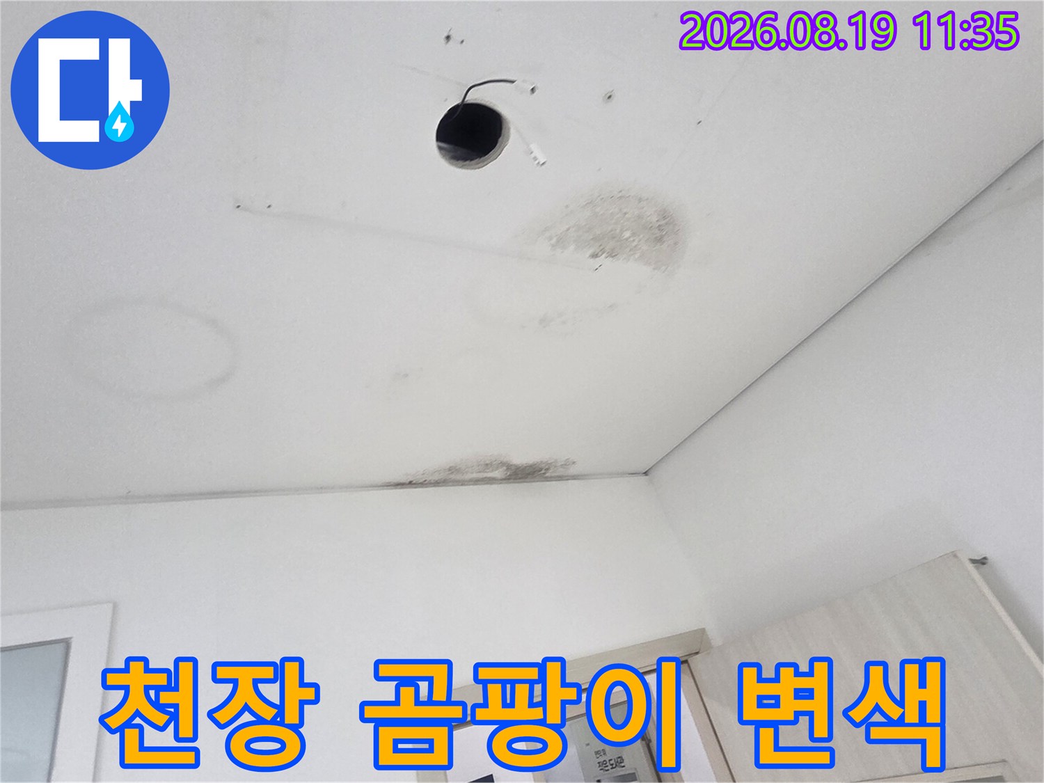 천장 매립등 주변의 오염된 부위와 습기 흔적 상세 사진