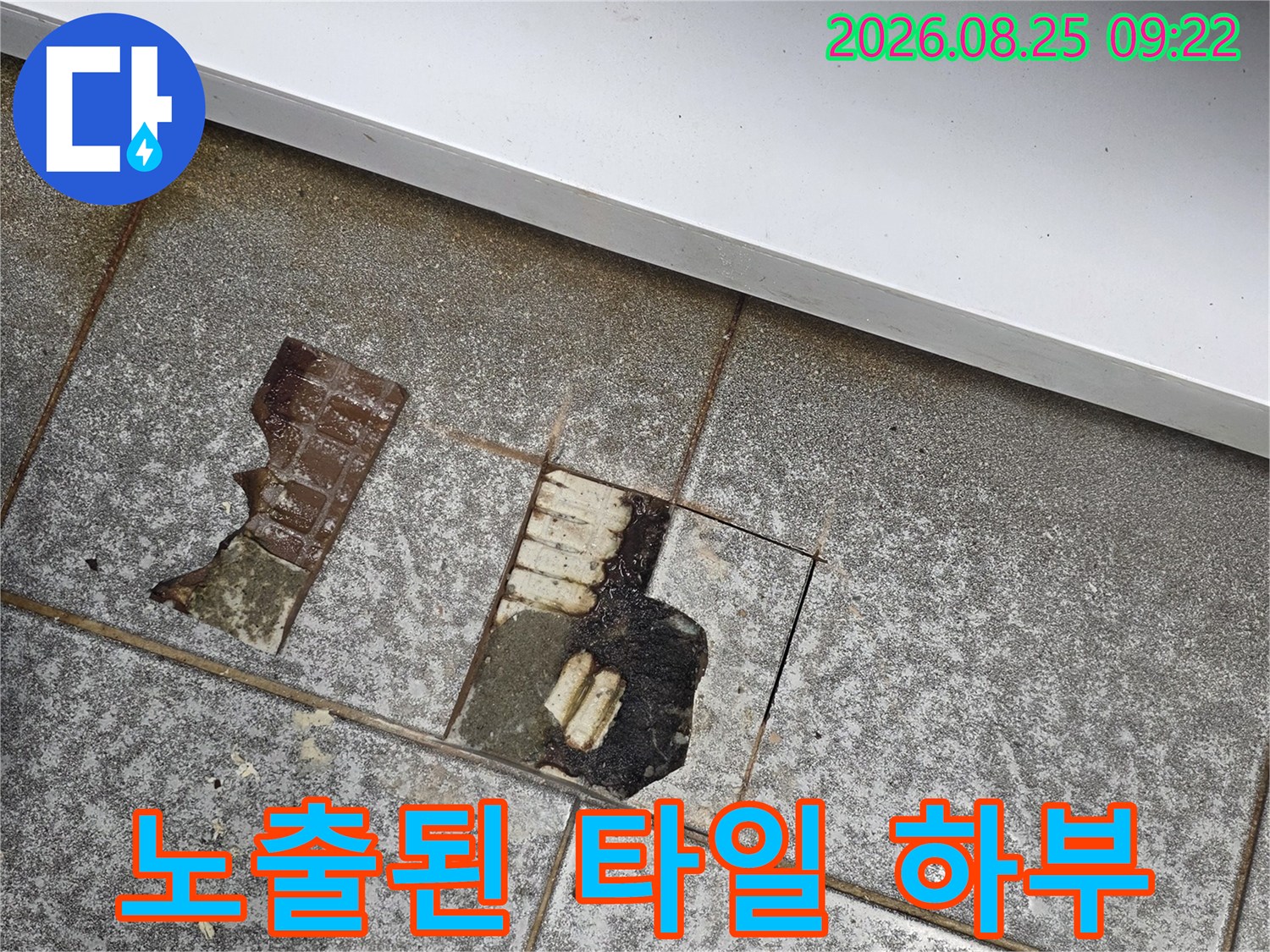 신현동 현장 사진-파손된 타일로 드러난 배수구 주변