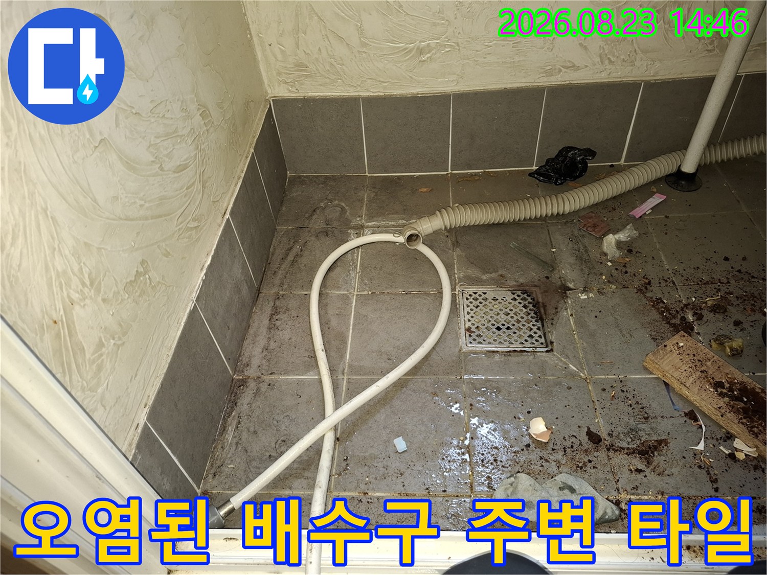 배수구 트랩 근처의 젖은 타일과 오염물질이 발견된 현장 모습입니다.