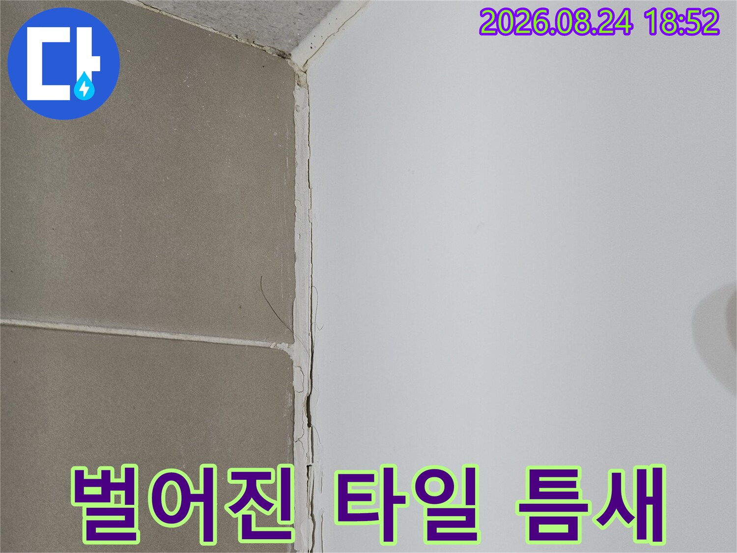 벽면 타일과 천장 접합부의 불규칙한 균열 상태