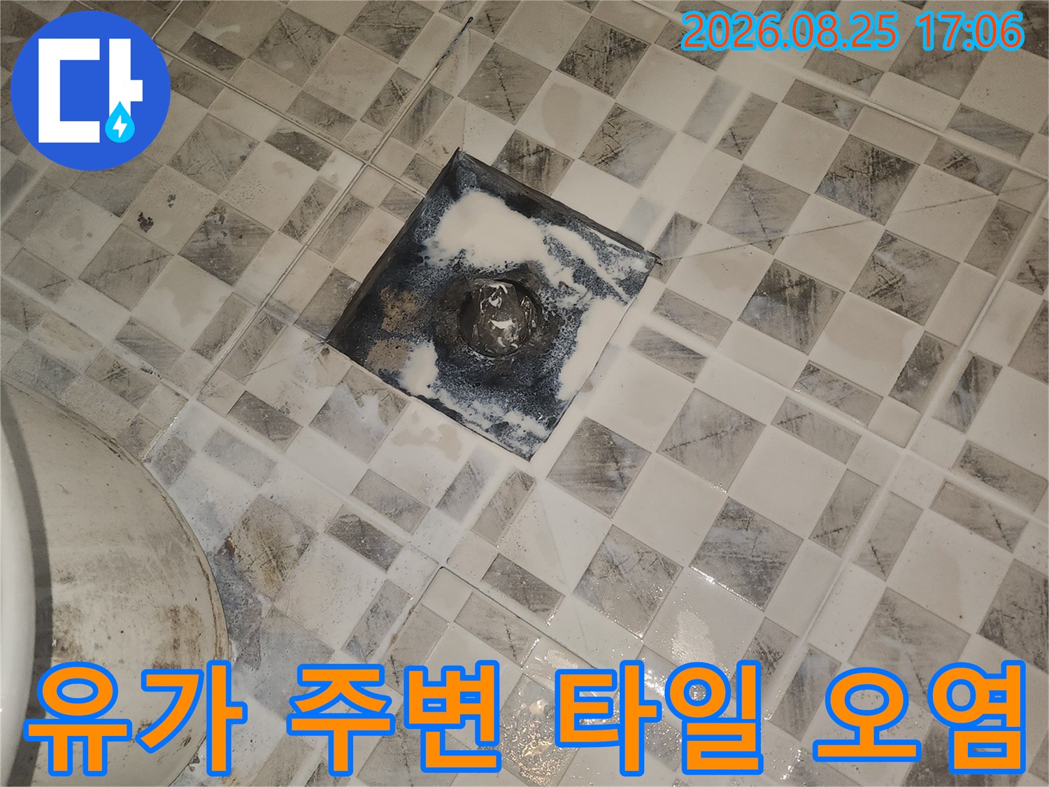 욕실 배수구 유가 부근의 젖은 타일과 오염된 상태