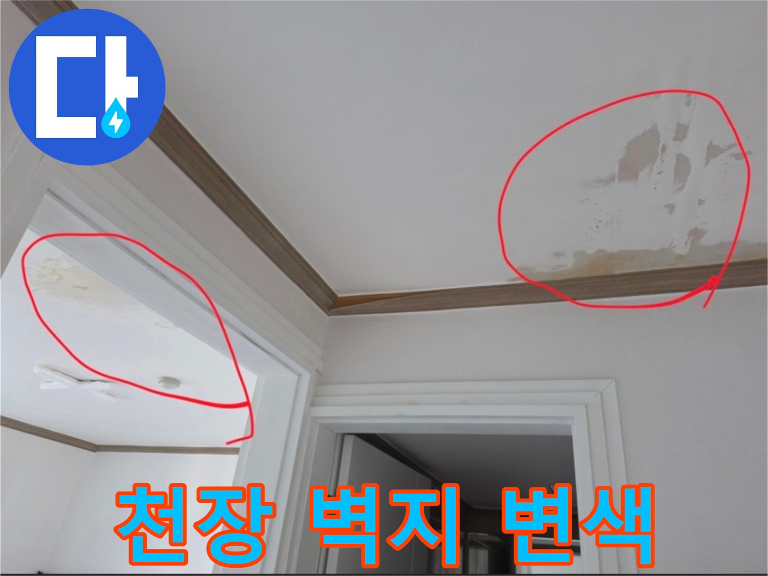 천장 마감재에 나타난 누수로 인한 변색 부위 상세 사진
