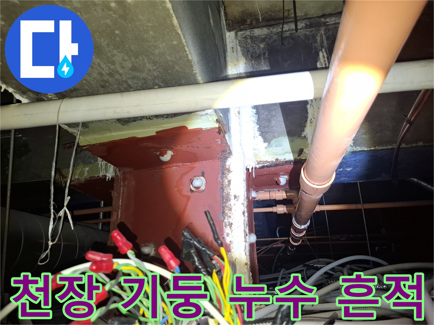 광명 철산동 건물-천장 기둥 주변의 물샘 흔적과 배관 상태 이미지