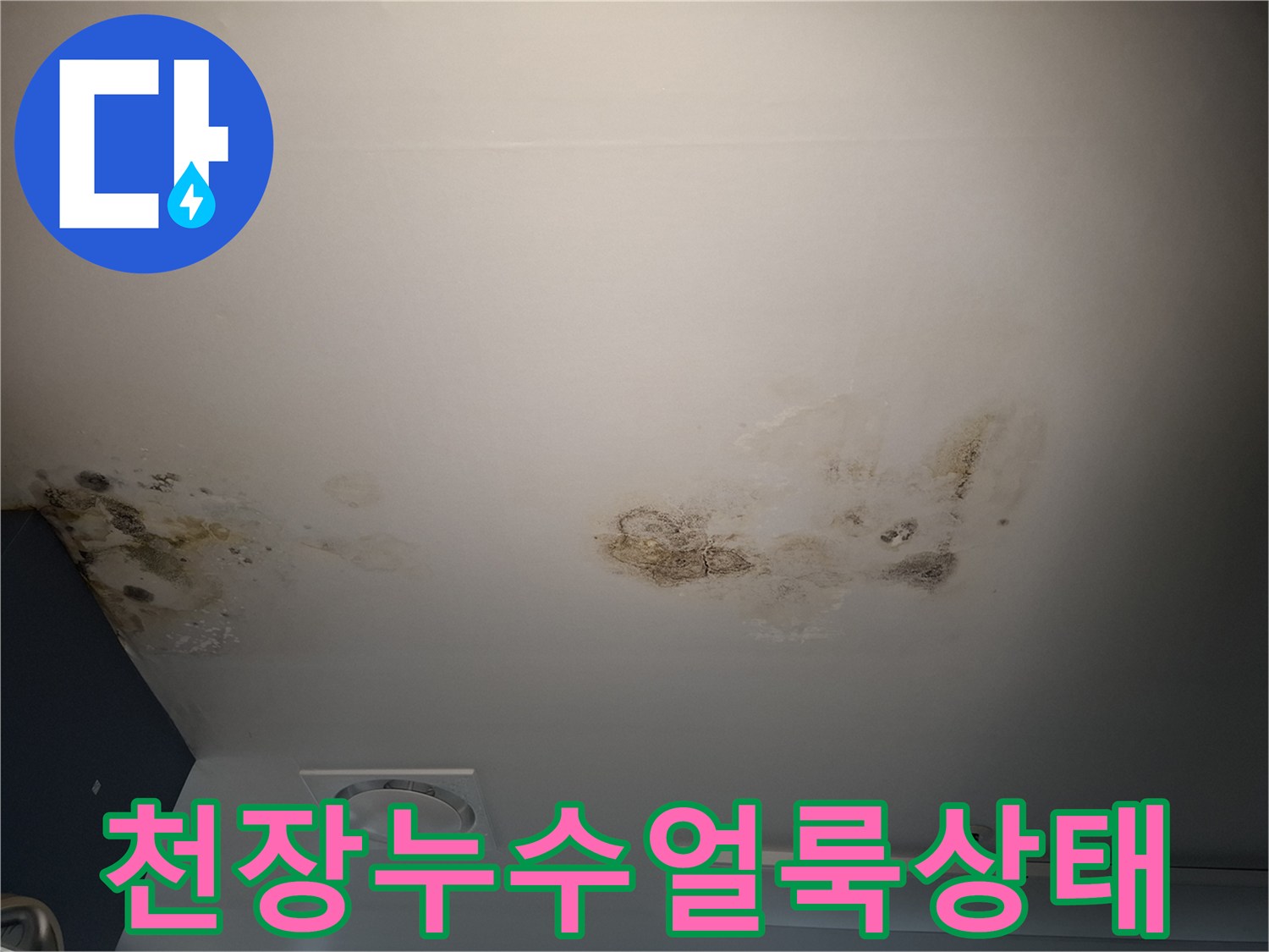 병실 내부 천장에 발생한 곰팡이와 물샘 흔적 사진