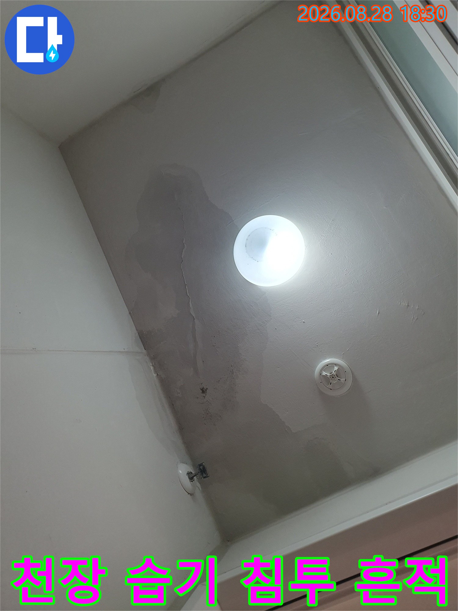 세탁실 천장-물기에 의한 어두운 변색과 얼룩 부위