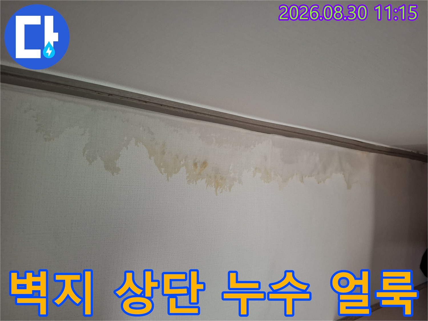 천장 경계면-물스밈으로 인한 벽지 변색 부위