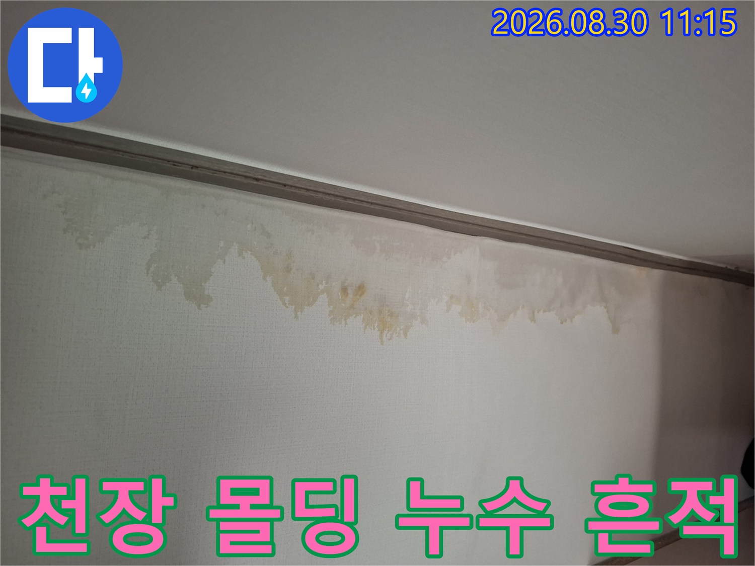 천장과 벽면 경계 부분의 물샘으로 인한 변색 부위