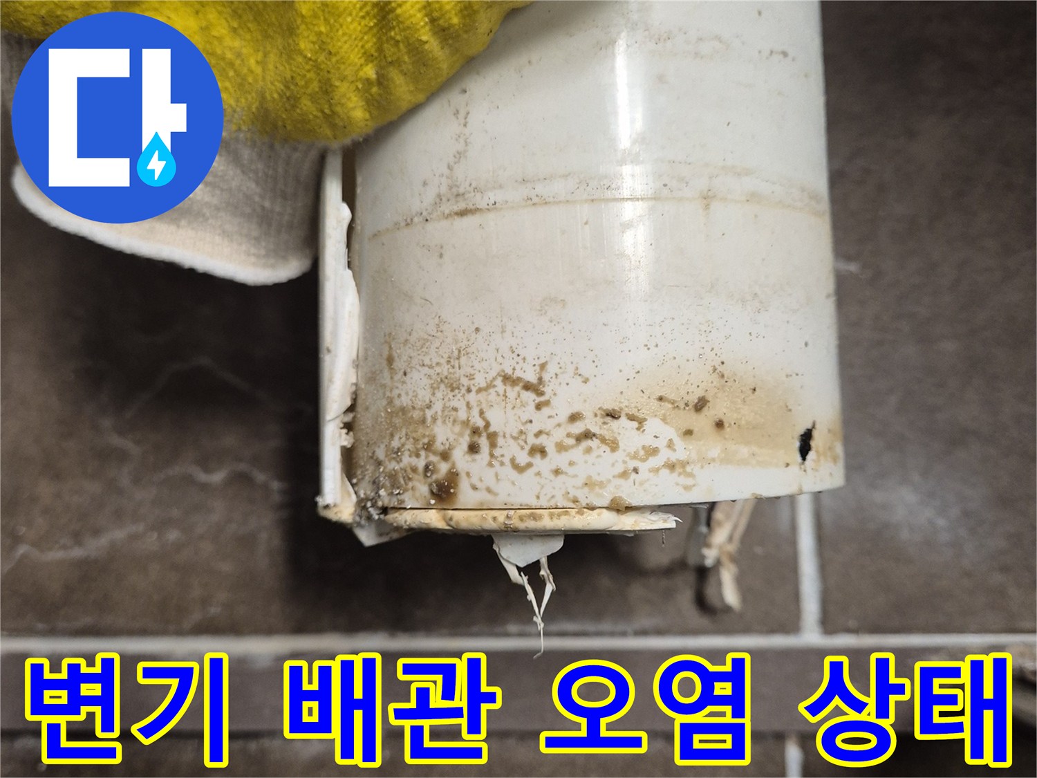 변기 오수관 이음새 부분의 곰팡이와 오염된 모습입니다.
