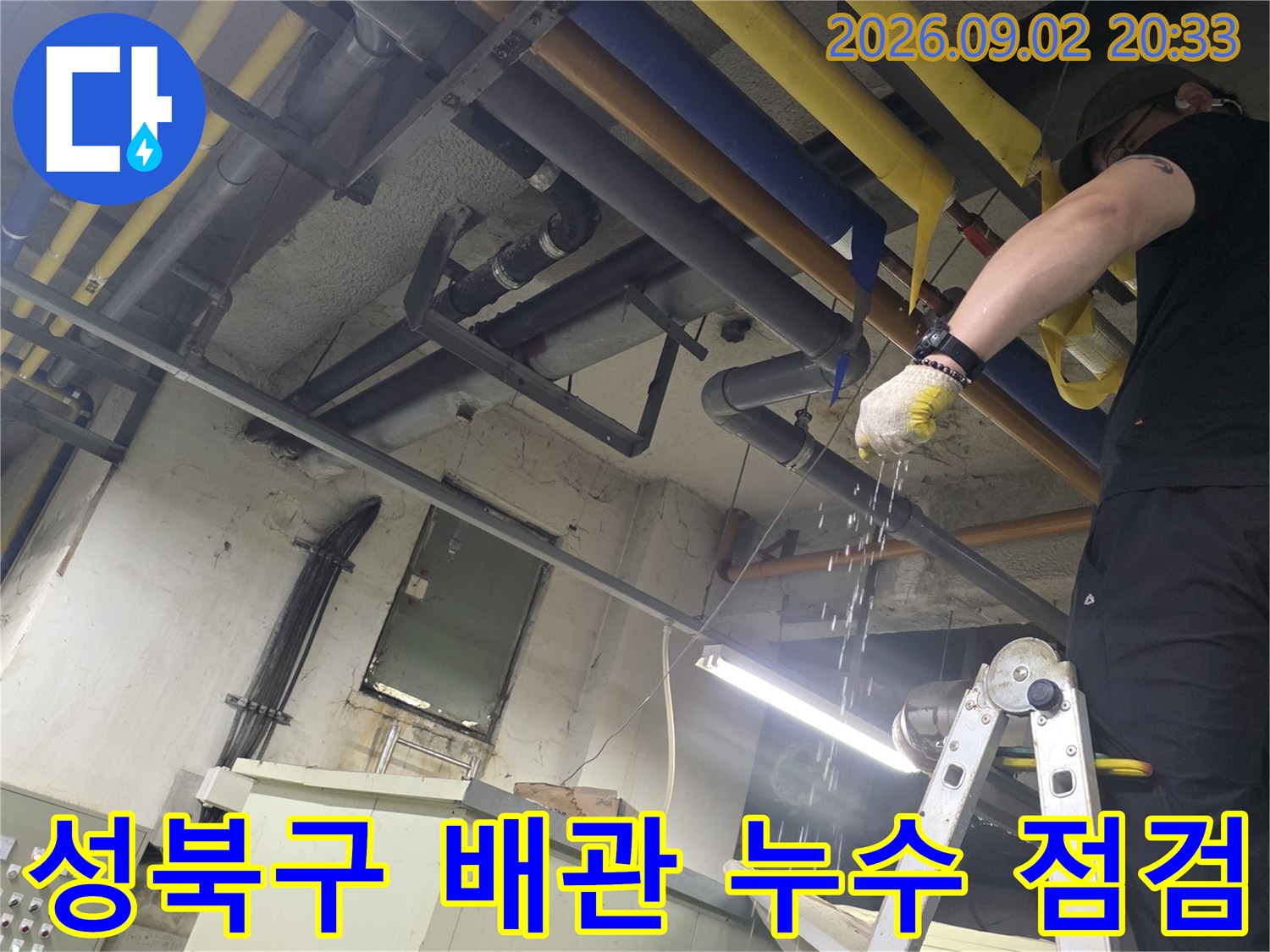 성북구 보문동-사업장 천장 내부의 노란색과 파란색 보온재가 감싸진 배관 상태를 점검하는 모습