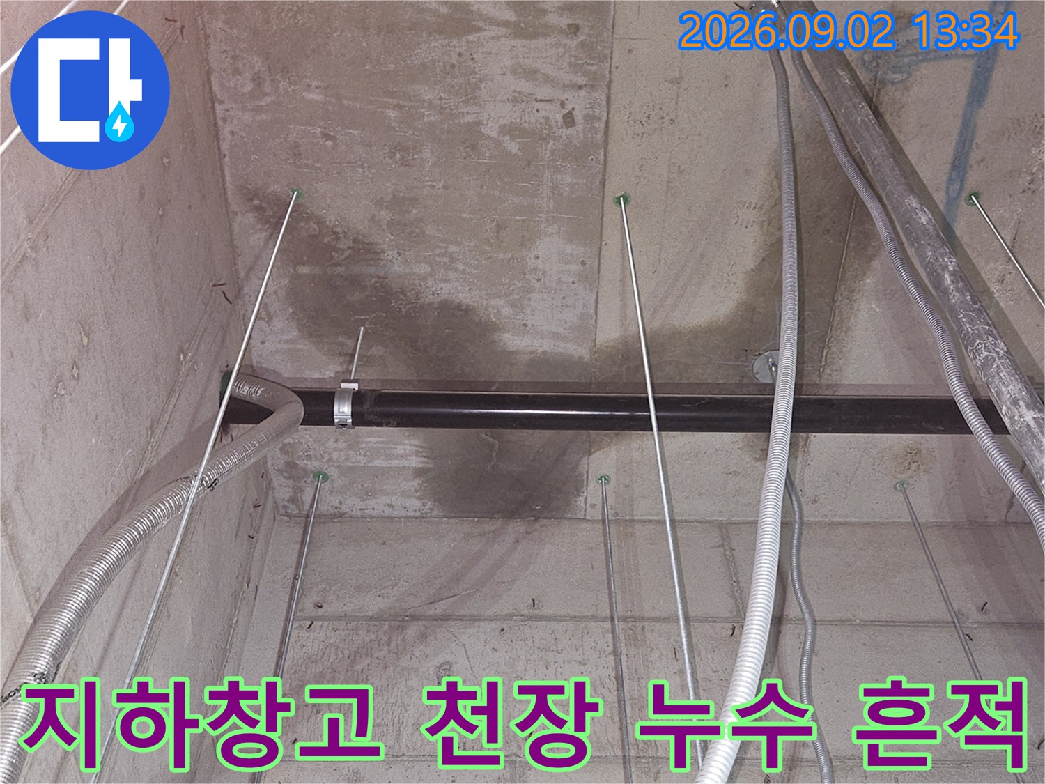 용인 기흥구 지하창고-콘크리트 천장의 젖은 얼룩과 배관 상태
