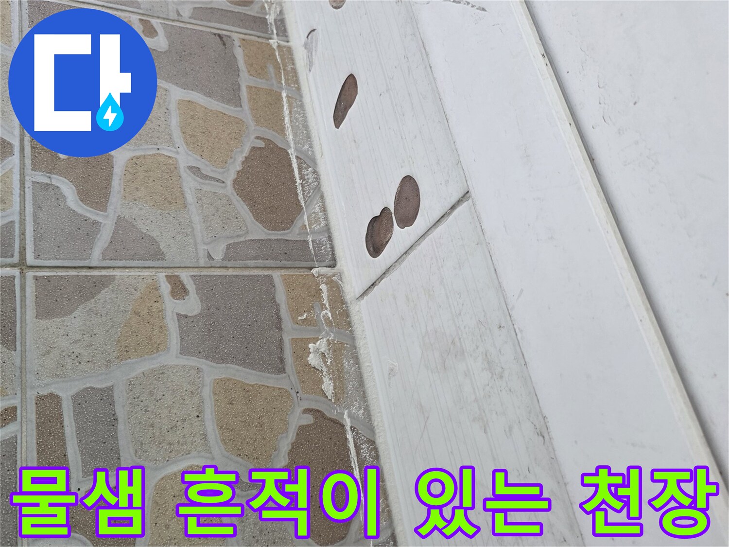 천장재에 나타난 어두운 색상의 누수 얼룩