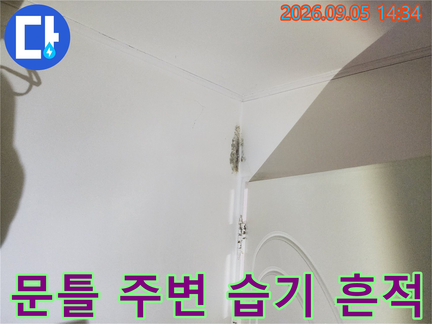 은평구 신사동 현장-문틀 상단 벽지의 곰팡이와 변색 부위