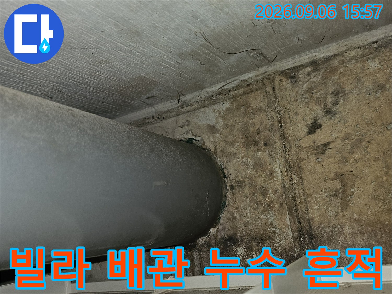 은평구 갈현동 빌라 주차장 천장의 배수관 주변 곰팡이와 얼룩 상태