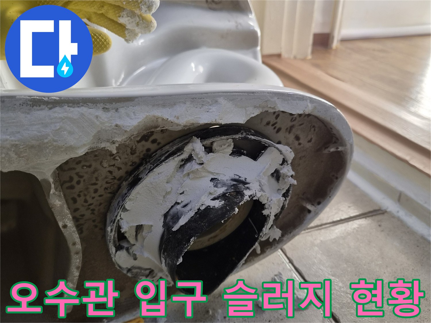 변기 탈거 부위의 오염된 오수관 연결부를 근접 촬영한 사진입니다.