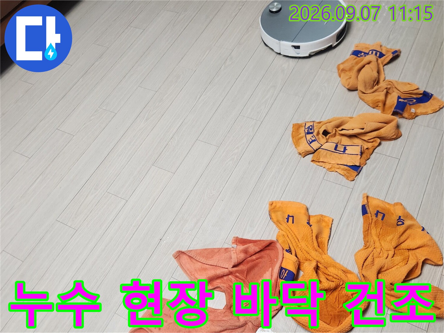 거실 장판을 걷어내고 물기를 제거하기 위해 사용한 수건들
