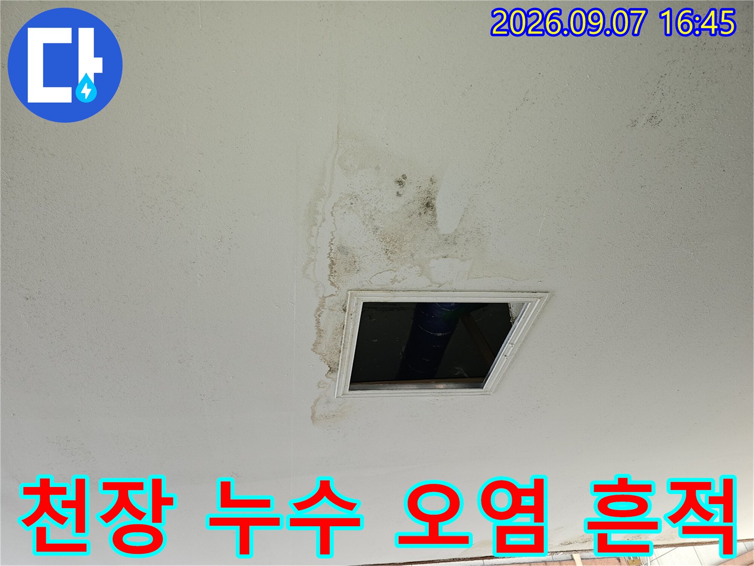 주차장 천장 점검구 주변으로 퍼진 누수 얼룩과 젖은 부위