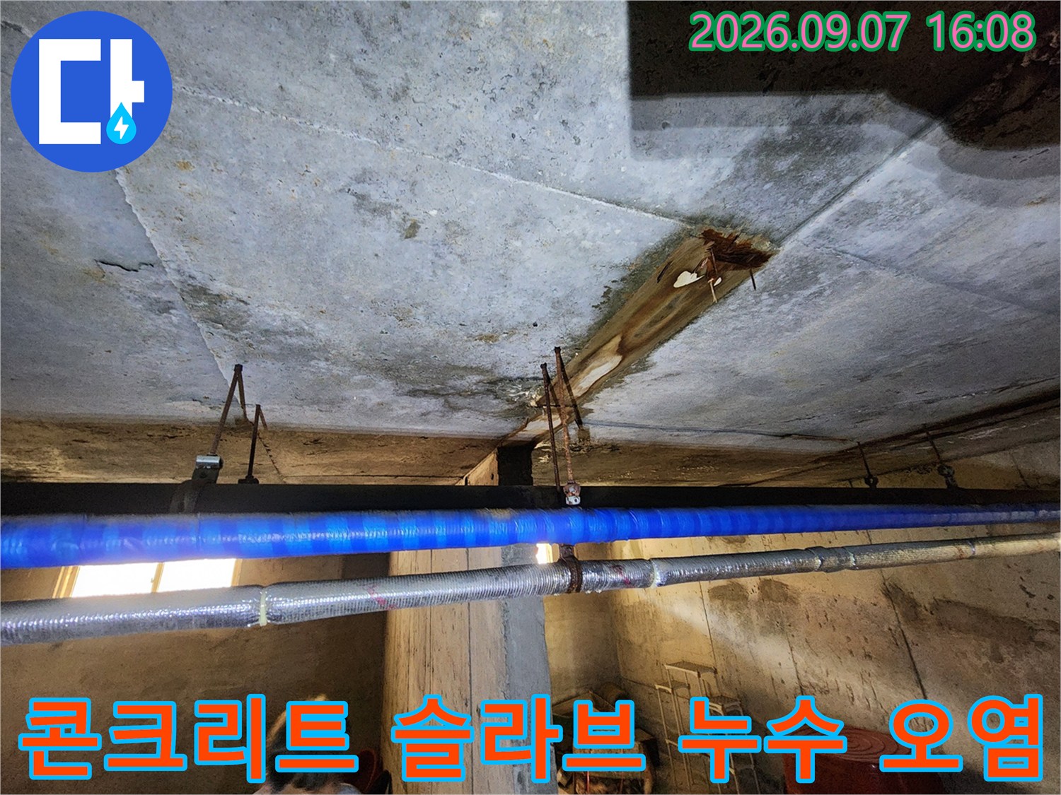 지하층 콘크리트 천장-배관 주변으로 번진 누수 얼룩과 습기 흔적