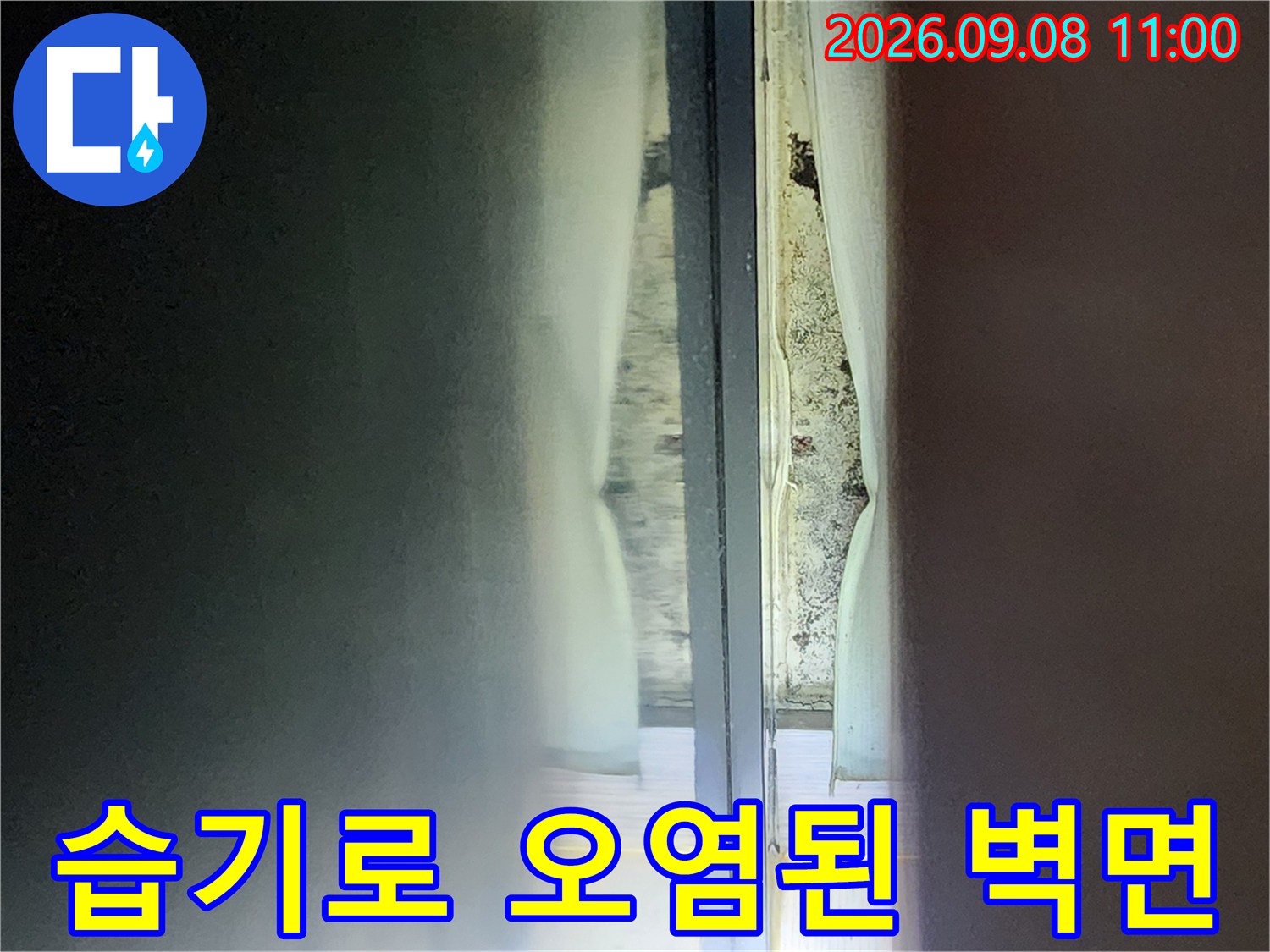 누수로 인해-검게 변하고 오염이 진행된 화장실 벽면 사진입니다