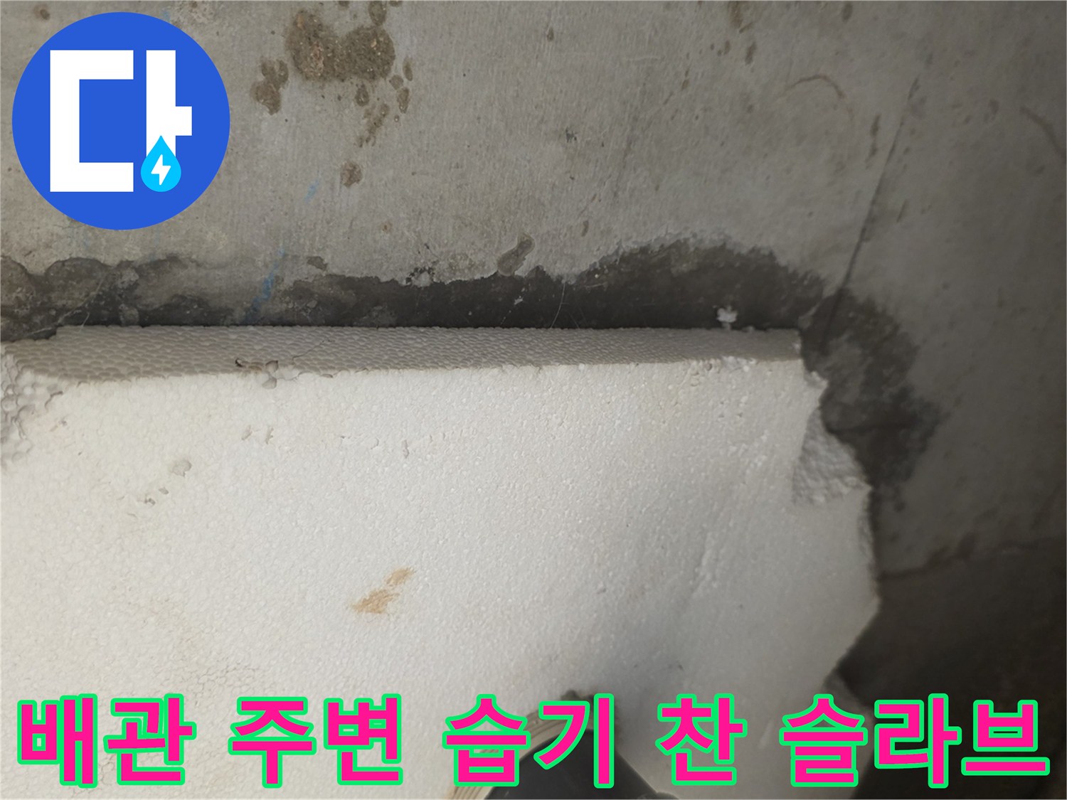 누수가 발생하는 배수구 하부의 파손된 방수층 모습