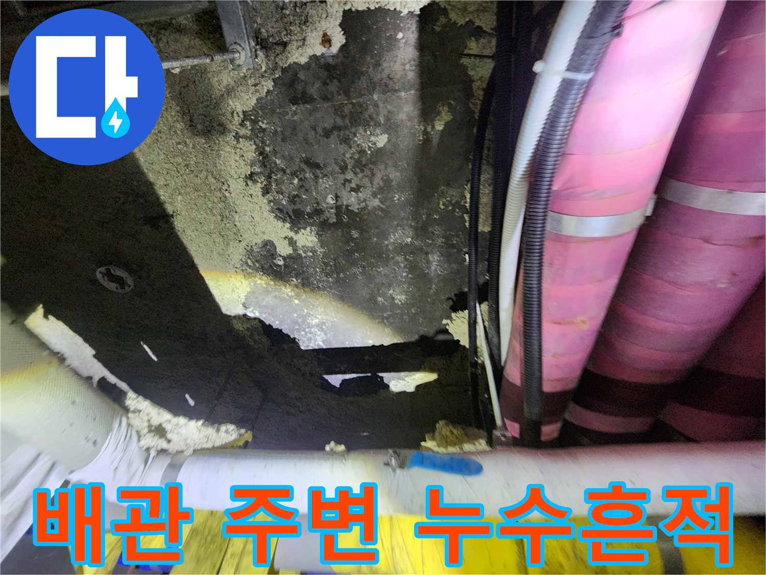 지하 천장 배관-보온재가 씌워진 관과 젖은 콘크리트 벽면