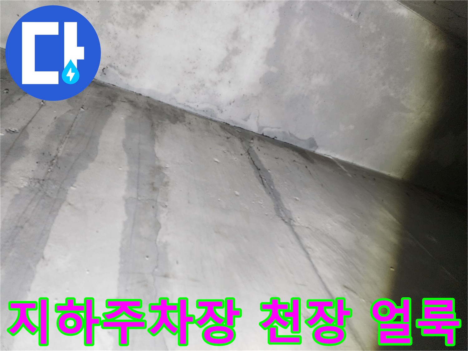 지하 주차장 콘크리트 천장에 나타난 젖은 흔적과 물길 모양