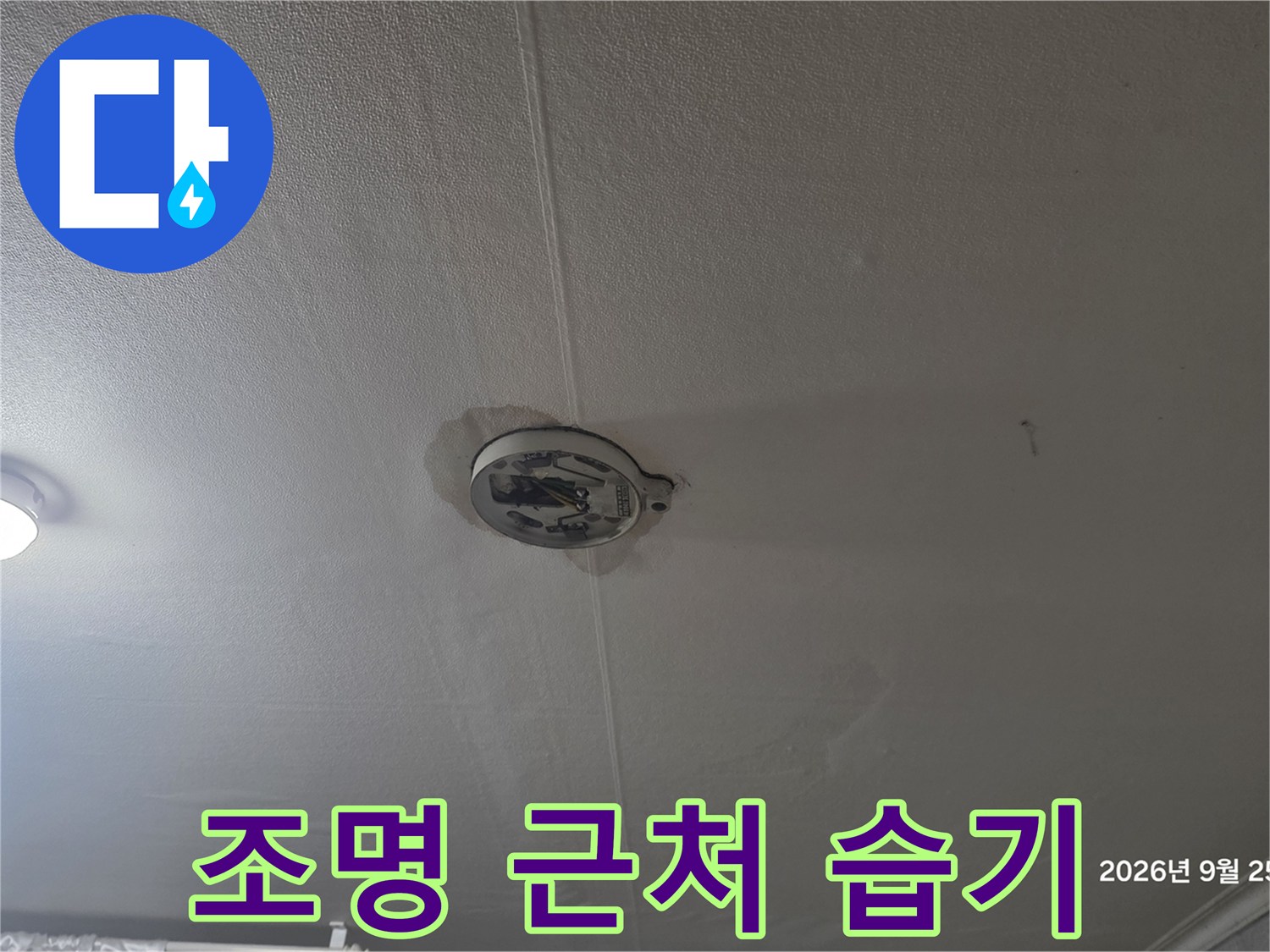 천장 조명 주변의 젖은 벽지 표면