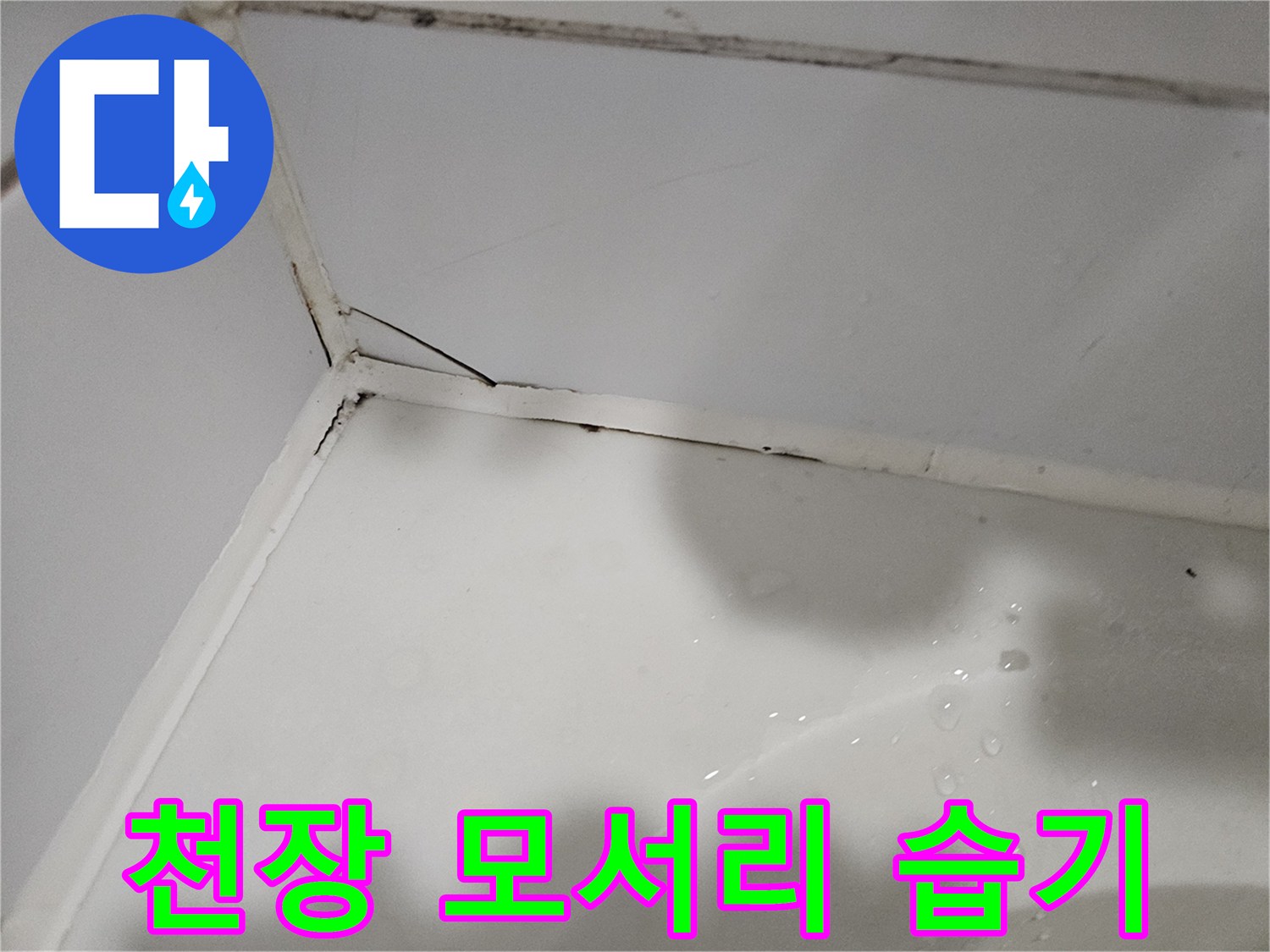 흰색 천장 모서리에-습기가 스며든 상태입니다.